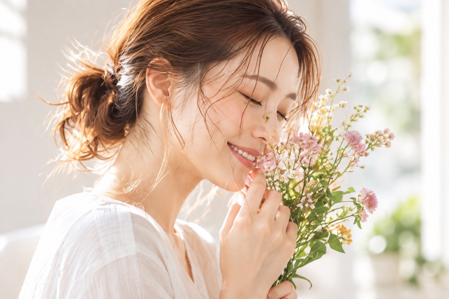 花の香りを楽しむ女性（イメージ）